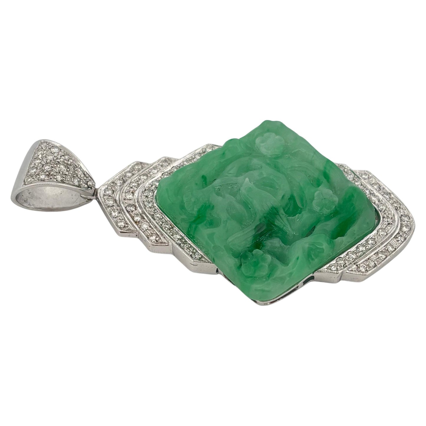 Carved Jade 18K White Gold Large 1.50 Carat Diamond Pendant