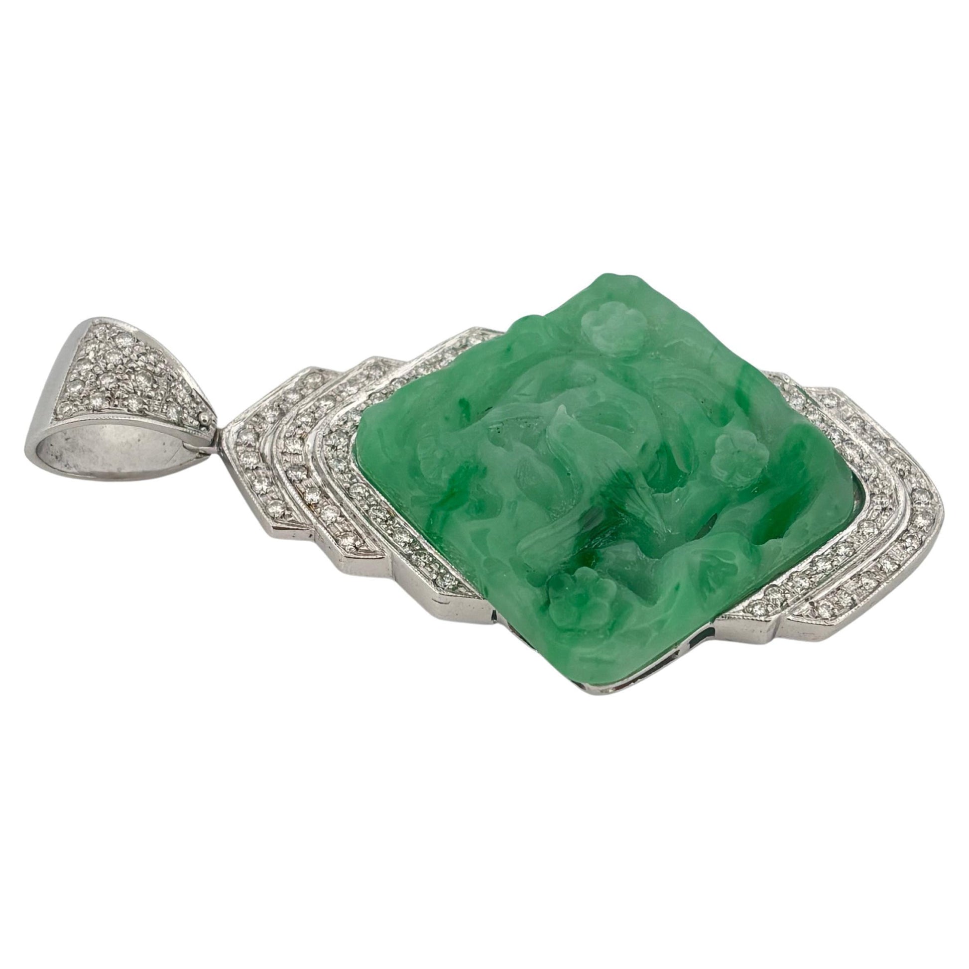 Carved Jade 18K White Gold Large 1.50 Carat Diamond Pendant