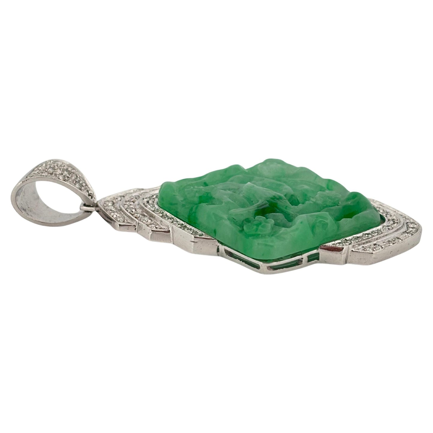 Carved Jade 18K White Gold Large 1.50 Carat Diamond Pendant