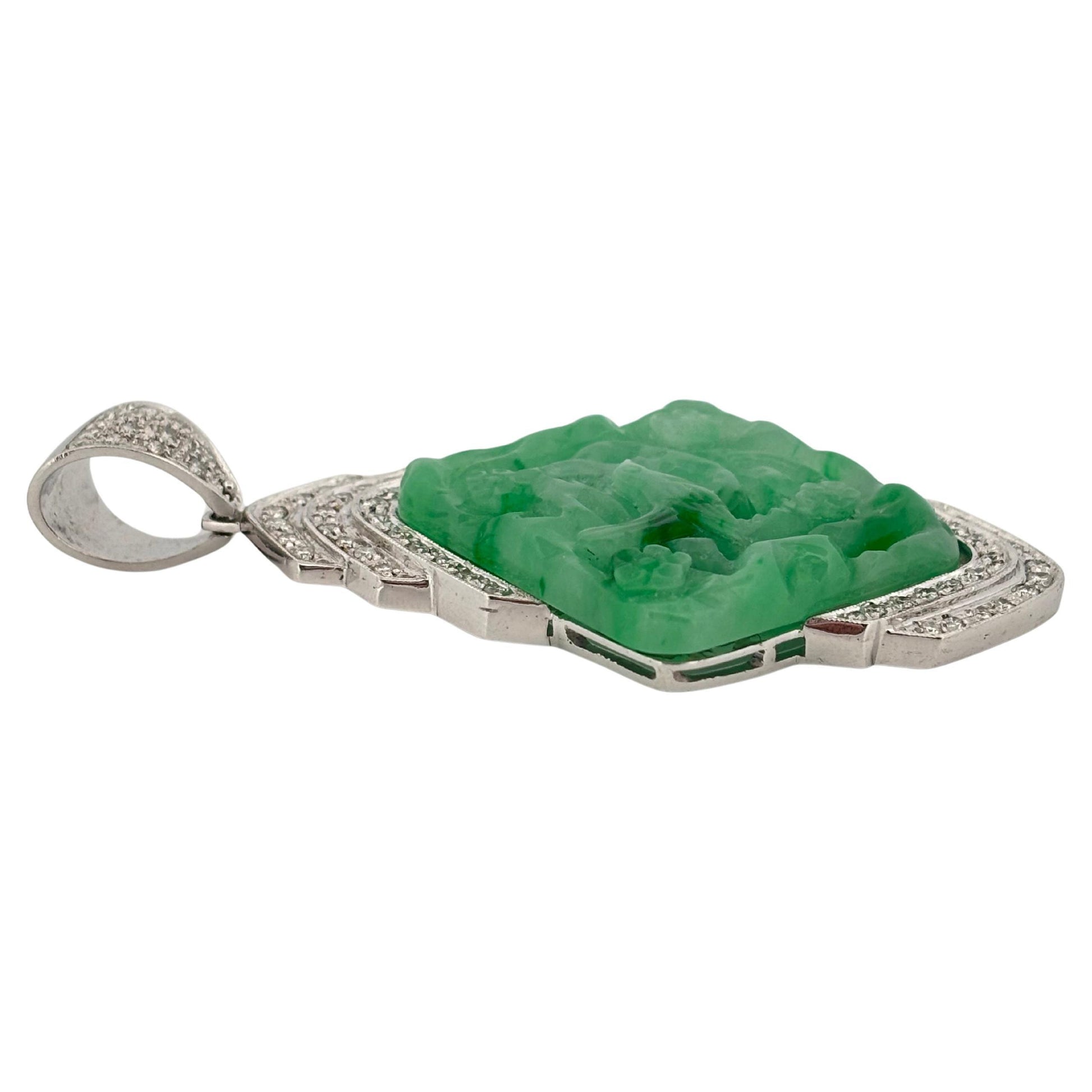 Carved Jade 18K White Gold Large 1.50 Carat Diamond Pendant