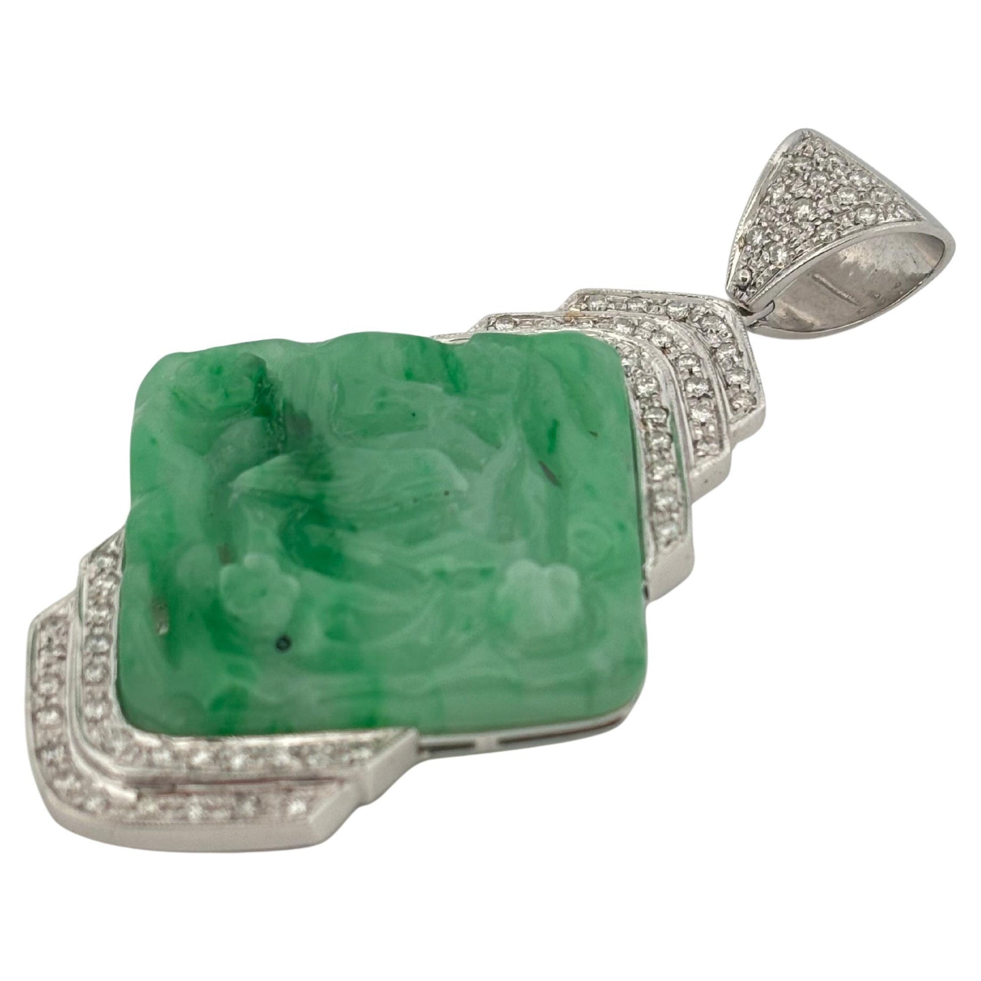 Carved Jade 18K White Gold Large 1.50 Carat Diamond Pendant