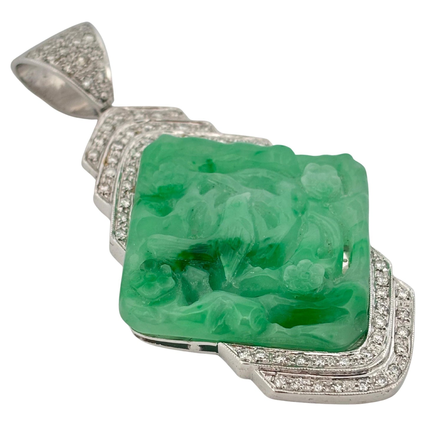 Carved Jade 18K White Gold Large 1.50 Carat Diamond Pendant