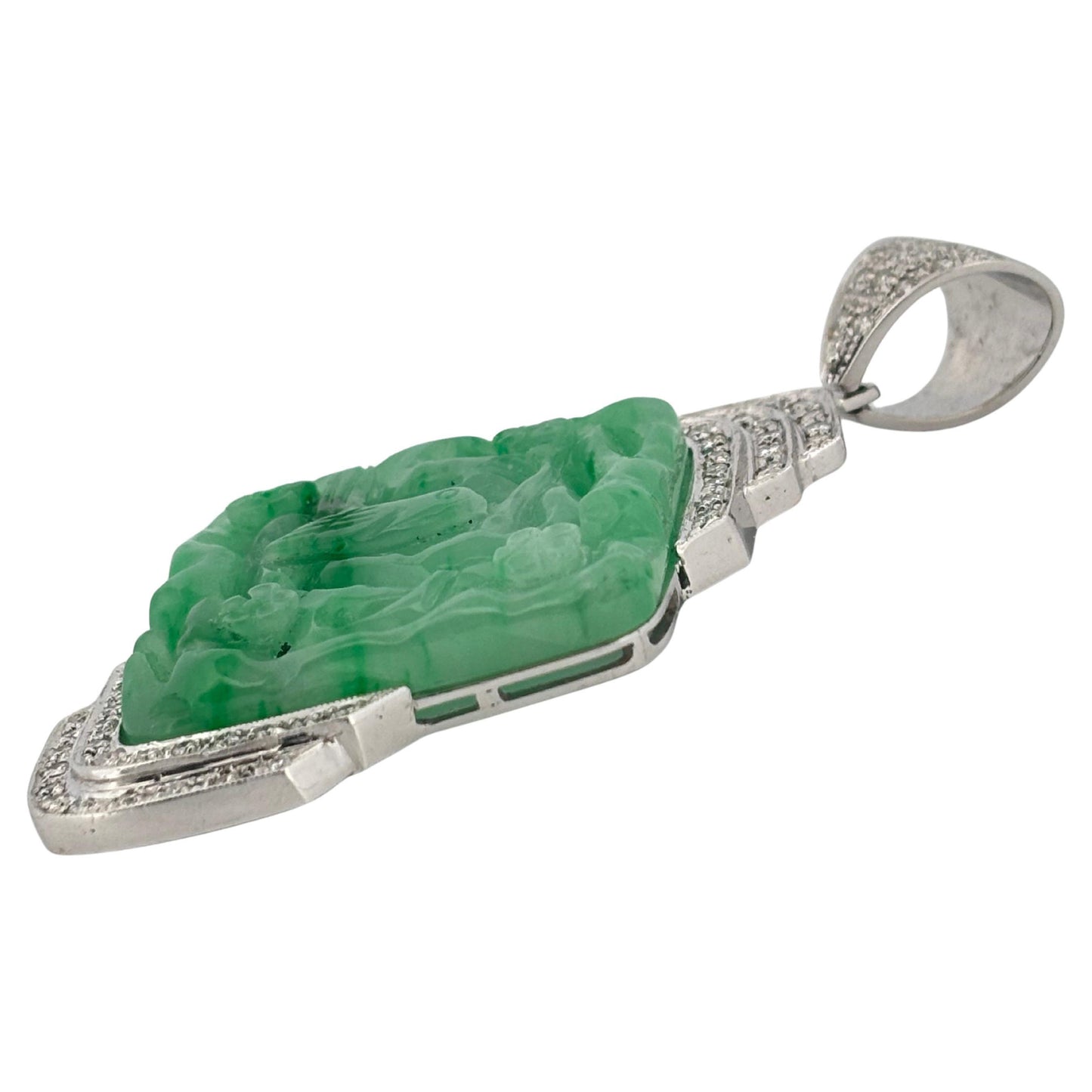 Carved Jade 18K White Gold Large 1.50 Carat Diamond Pendant