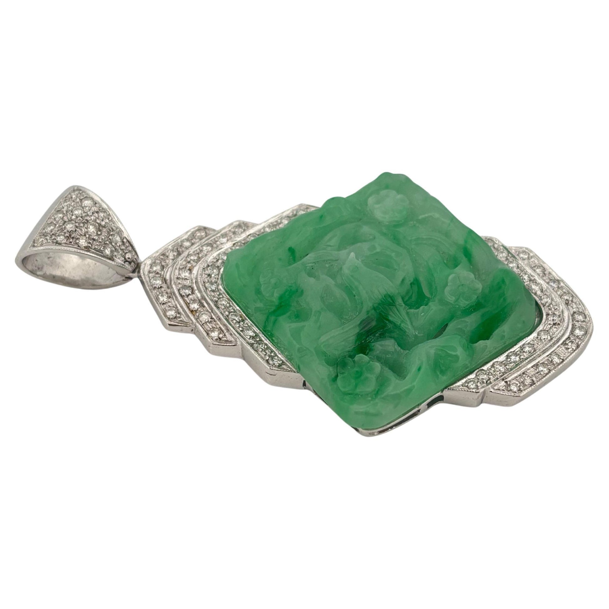 Carved Jade 18K White Gold Large 1.50 Carat Diamond Pendant