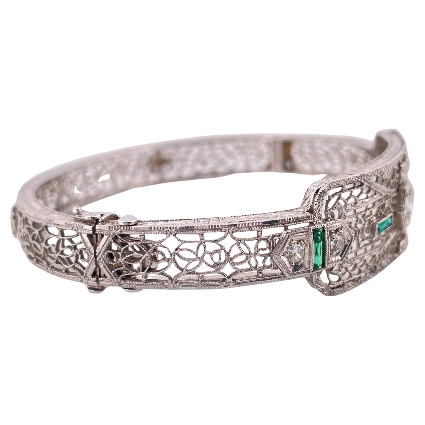 Filigree 0.30ctw Diamond & 0.10ctw Lab Emerald Bangle Bracelet Set In 14K Gold