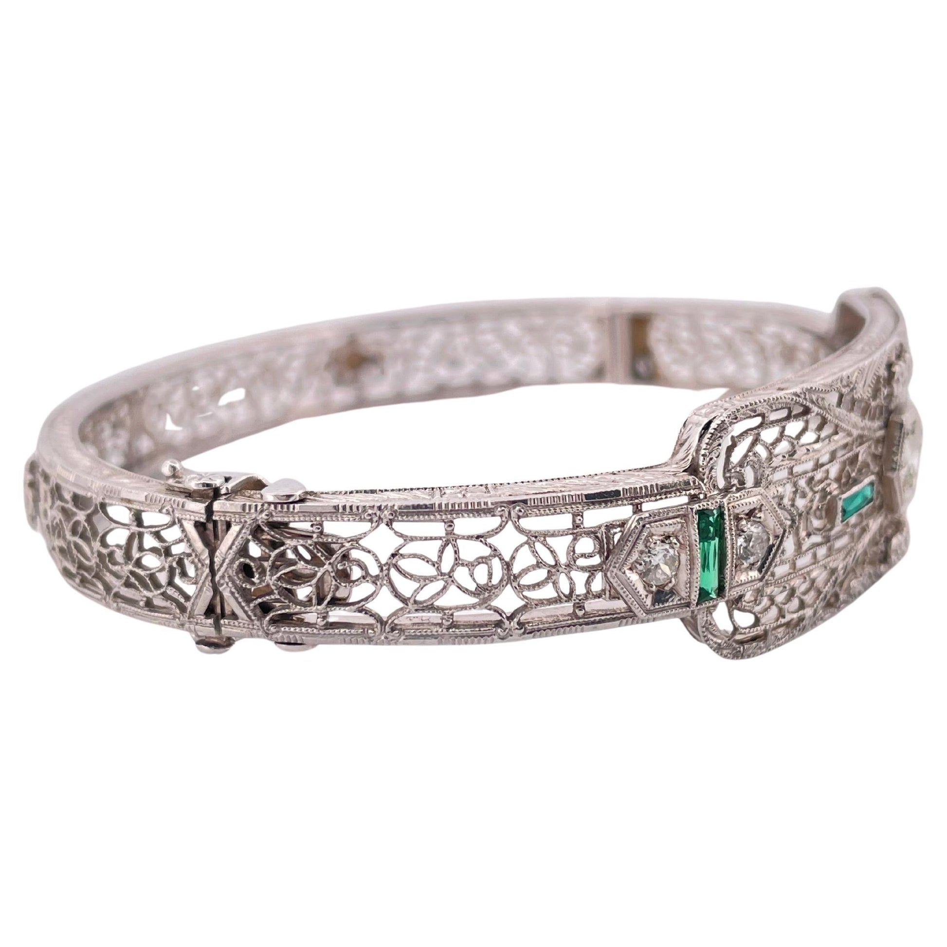 Filigree 0.30ctw Diamond & 0.10ctw Lab Emerald Bangle Bracelet Set In 14K Gold