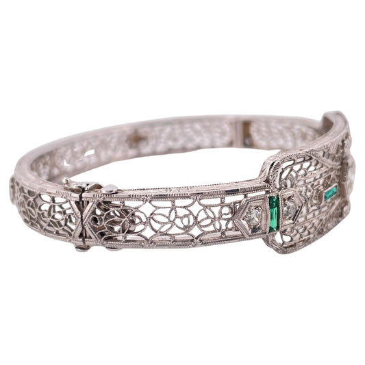 Filigree 0.30ctw Diamond & 0.10ctw Lab Emerald Bangle Bracelet Set In 14K Gold