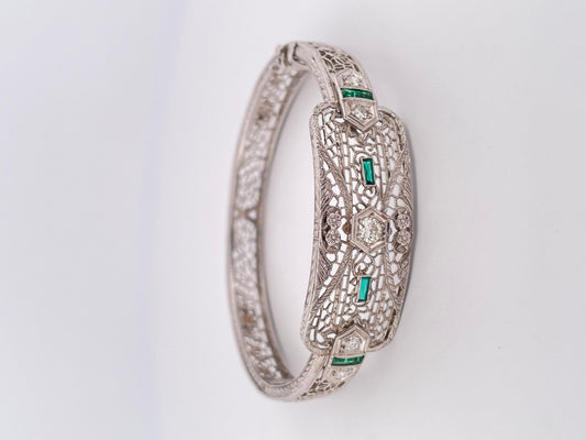 Filigree 0.30ctw Diamond & 0.10ctw Lab Emerald Bangle Bracelet Set In 14K Gold