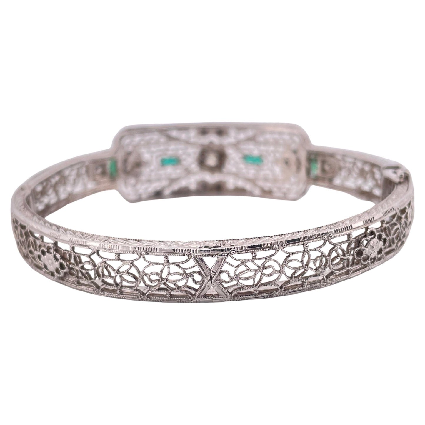 Filigree 0.30ctw Diamond & 0.10ctw Lab Emerald Bangle Bracelet Set In 14K Gold