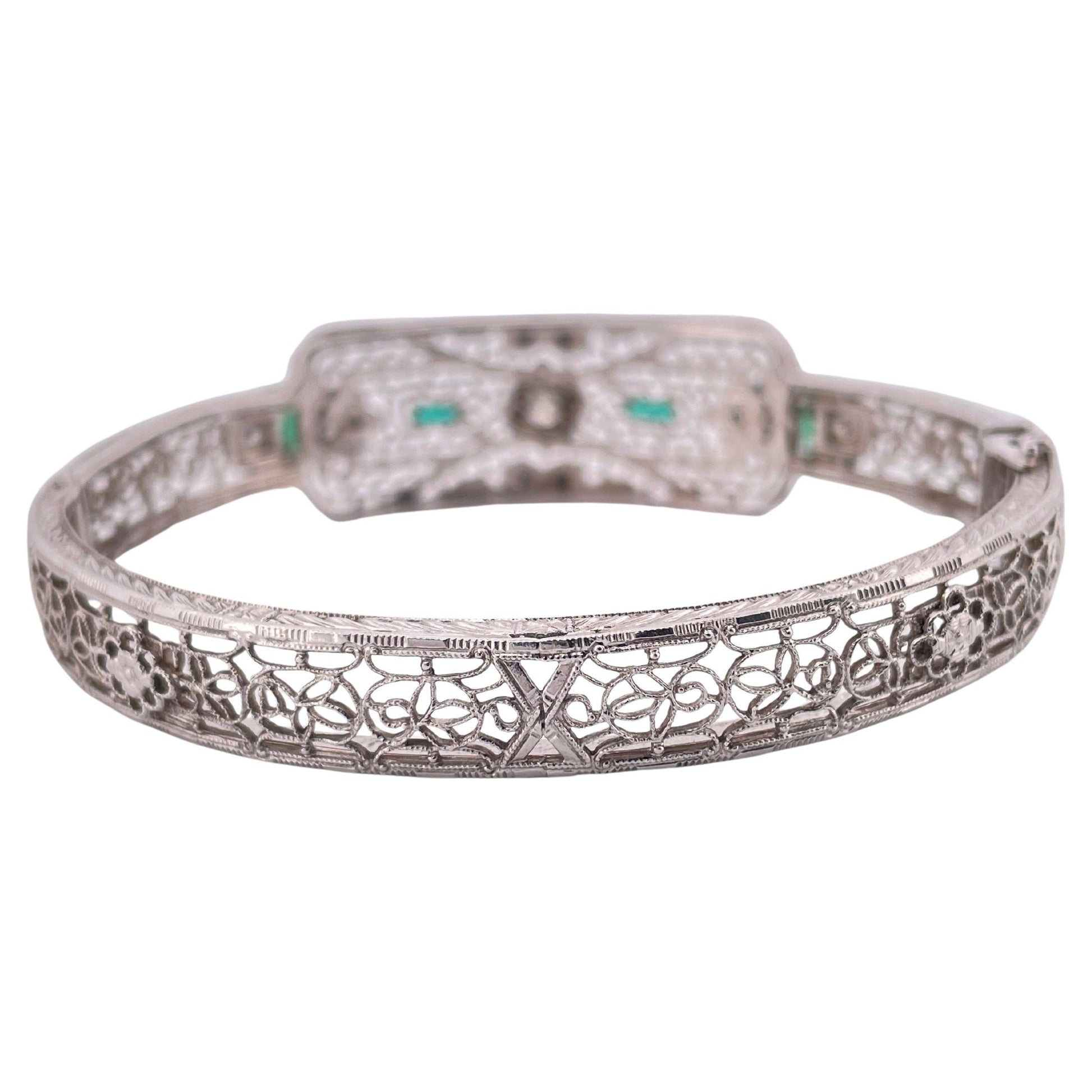 Filigree 0.30ctw Diamond & 0.10ctw Lab Emerald Bangle Bracelet Set In 14K Gold
