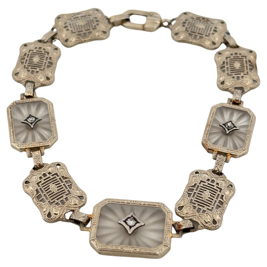 Filigree 14K White Gold Quartz 0.03ctw Round Cut Diamond Bracelet