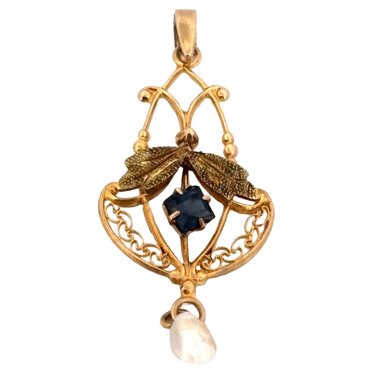 Fine Lavalier 10K Yellow Gold Square Cut Blue Sapphire Pearl Necklace Pendant