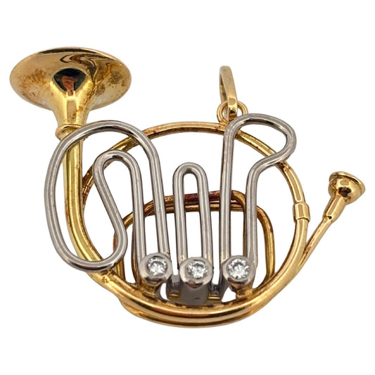 French Horn 18K Yellow Gold & Platinum 0.09 Carat Diamond Pendant