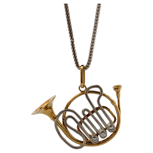 French Horn 18K Yellow Gold & Platinum 0.09 Carat Diamond Pendant