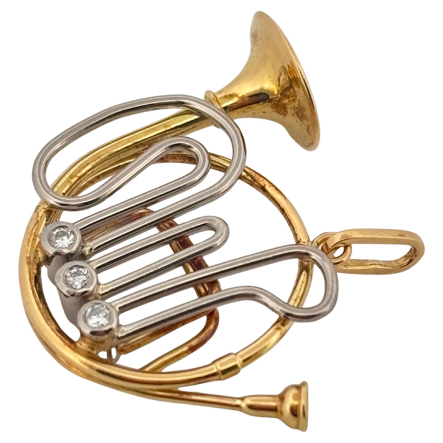 French Horn 18K Yellow Gold & Platinum 0.09 Carat Diamond Pendant