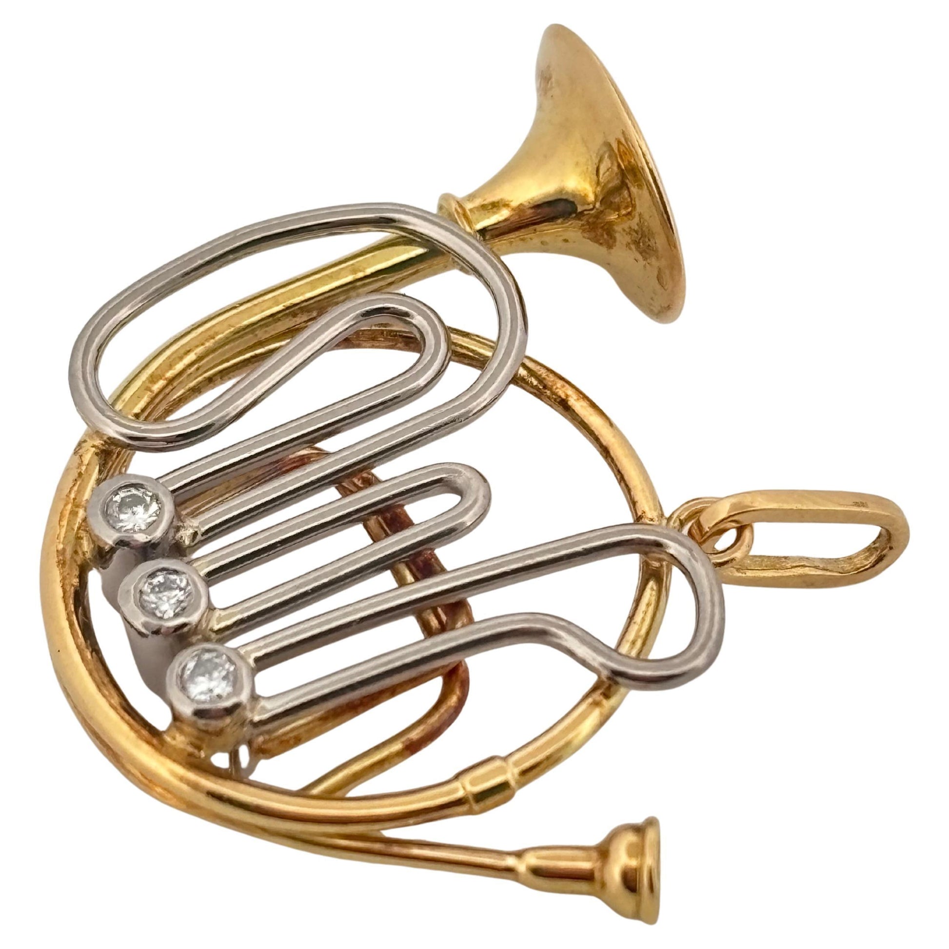 French Horn 18K Yellow Gold & Platinum 0.09 Carat Diamond Pendant