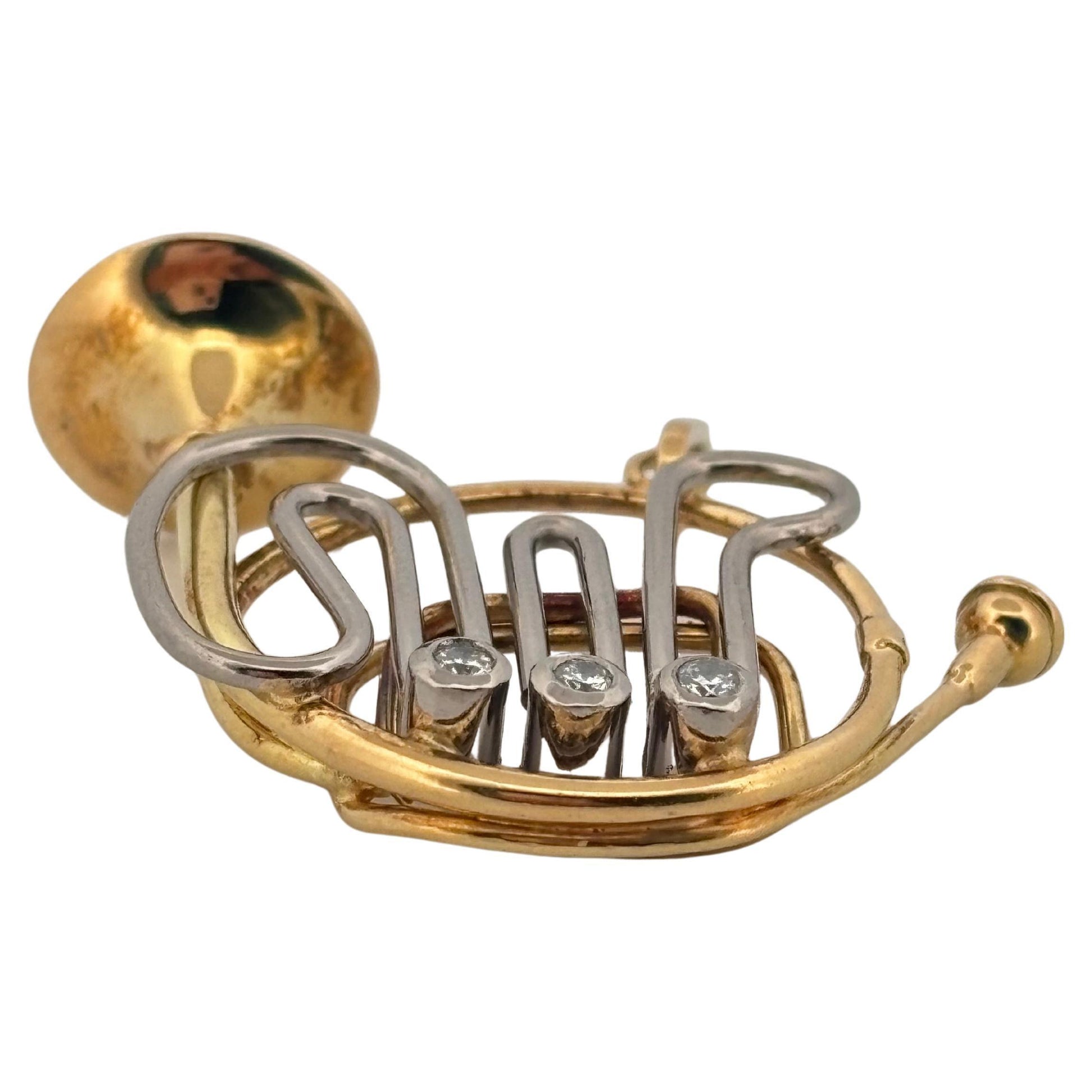 French Horn 18K Yellow Gold & Platinum 0.09 Carat Diamond Pendant