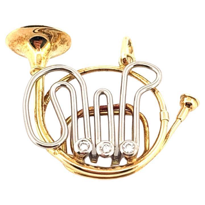 French Horn 18K Yellow Gold & Platinum 0.09 Carat Diamond Pendant