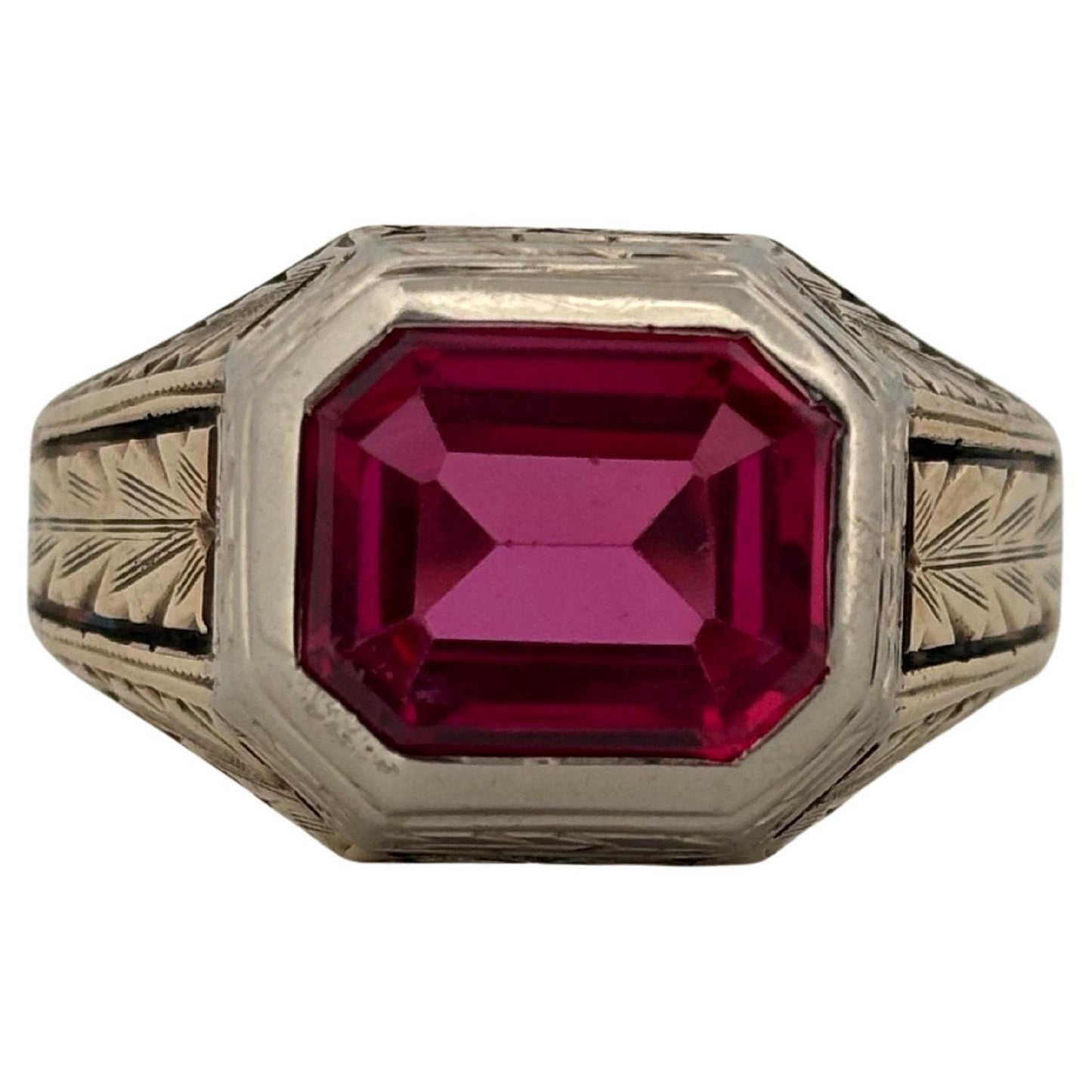 Hand Engraved 14K Yellow & White Gold Emerald Cut 3.50ctw Synthetic Ruby Ring
