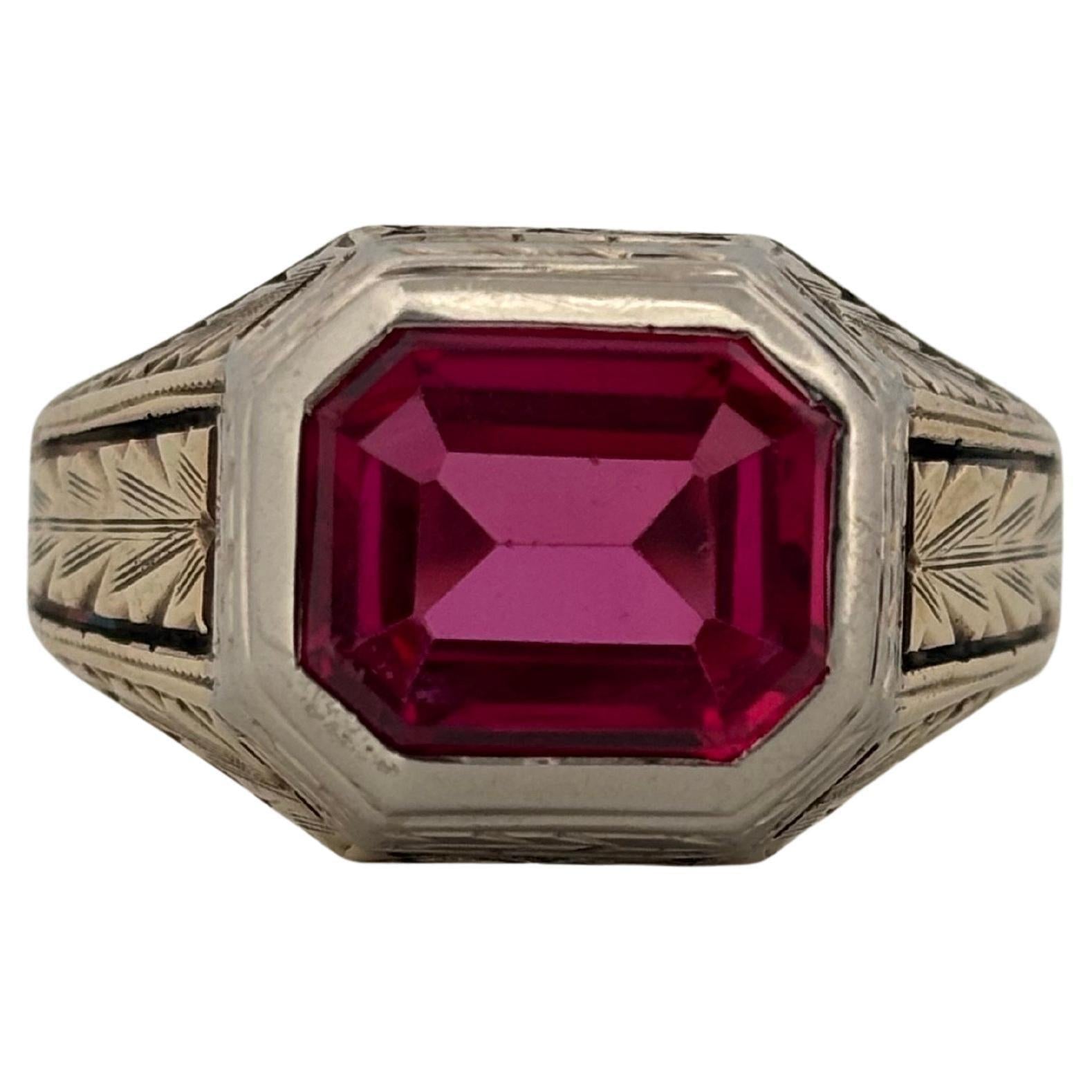 Hand Engraved 14K Yellow & White Gold Emerald Cut 3.50ctw Synthetic Ruby Ring