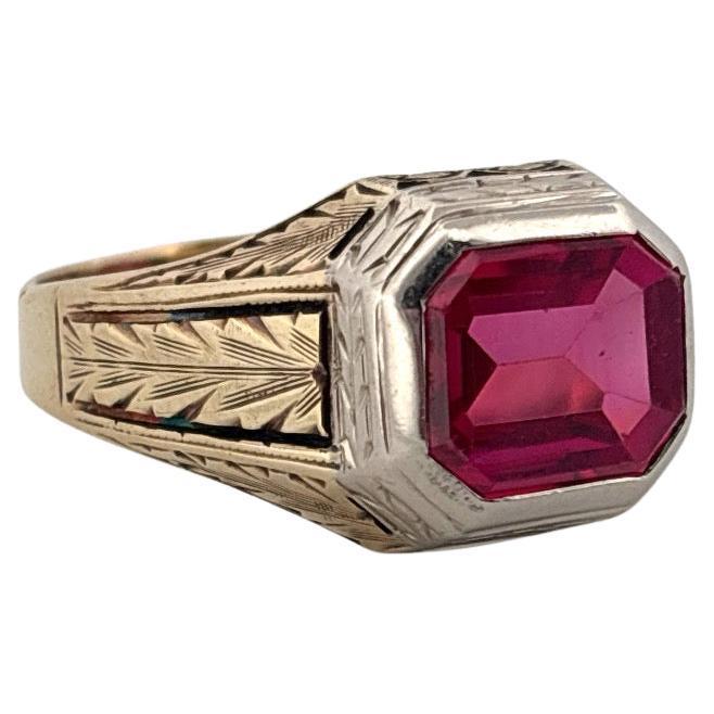 Hand Engraved 14K Yellow & White Gold Emerald Cut 3.50ctw Synthetic Ruby Ring