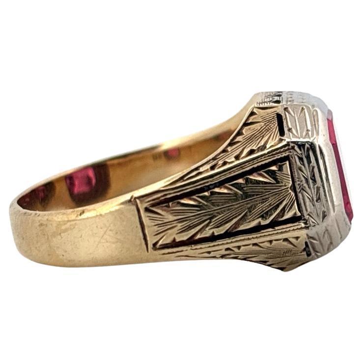 Hand Engraved 14K Yellow & White Gold Emerald Cut 3.50ctw Synthetic Ruby Ring