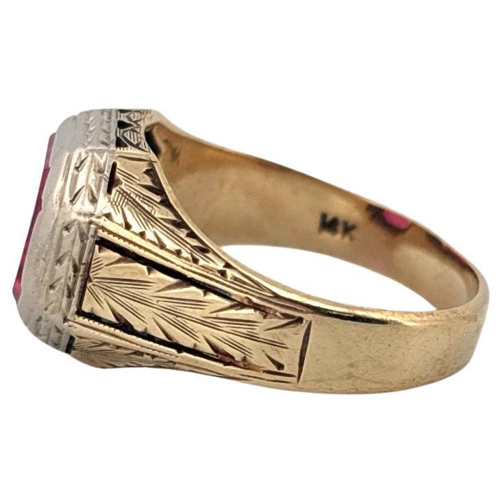 Hand Engraved 14K Yellow & White Gold Emerald Cut 3.50ctw Synthetic Ruby Ring