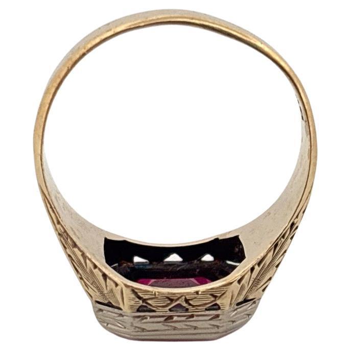 Hand Engraved 14K Yellow & White Gold Emerald Cut 3.50ctw Synthetic Ruby Ring