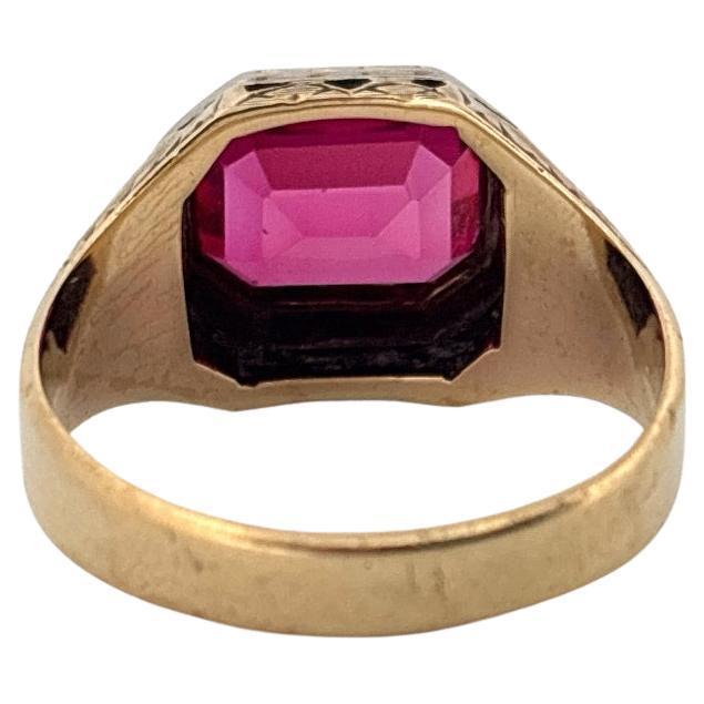 Hand Engraved 14K Yellow & White Gold Emerald Cut 3.50ctw Synthetic Ruby Ring