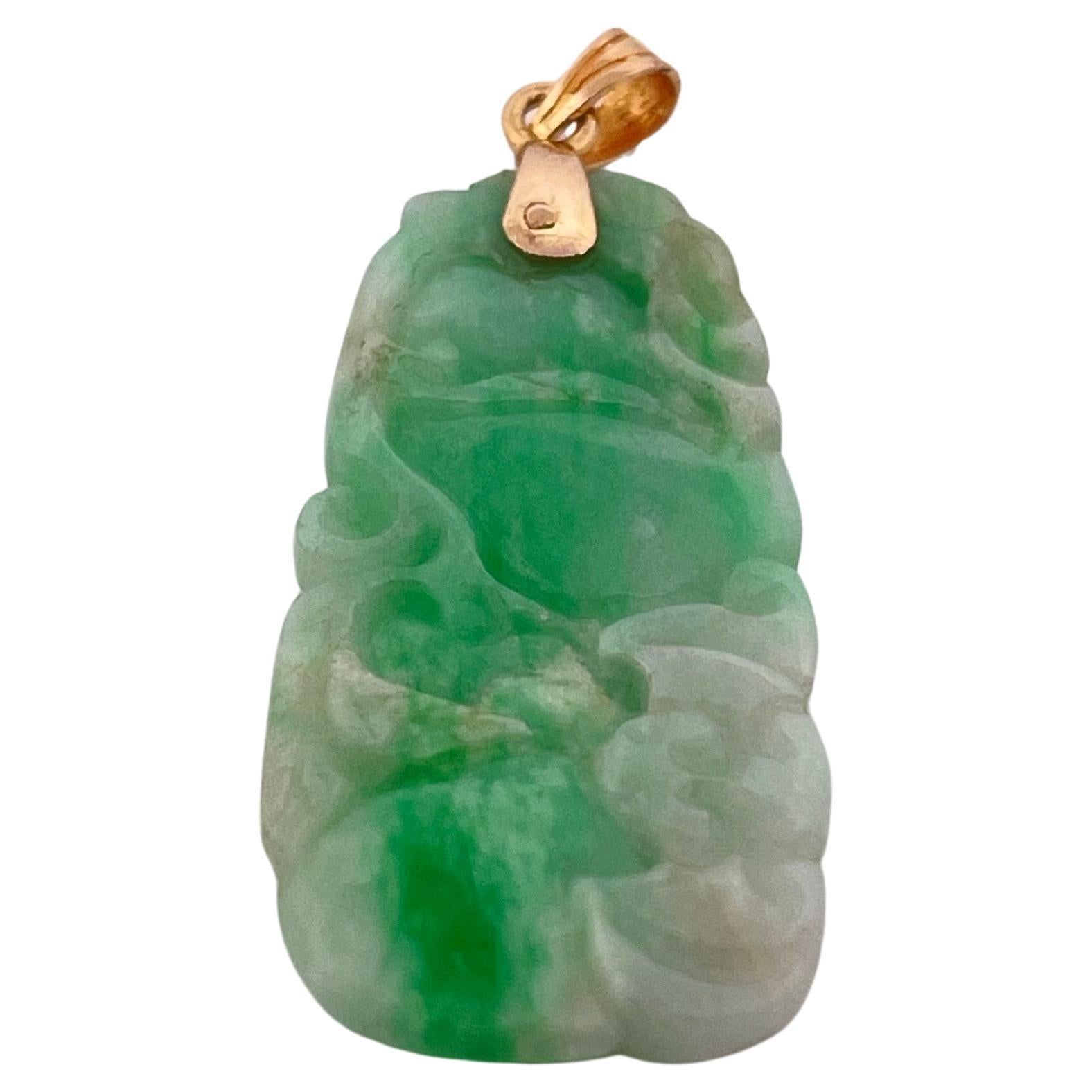 Hand carved Green Jade Pendant with 14K Yellow Gold Bail