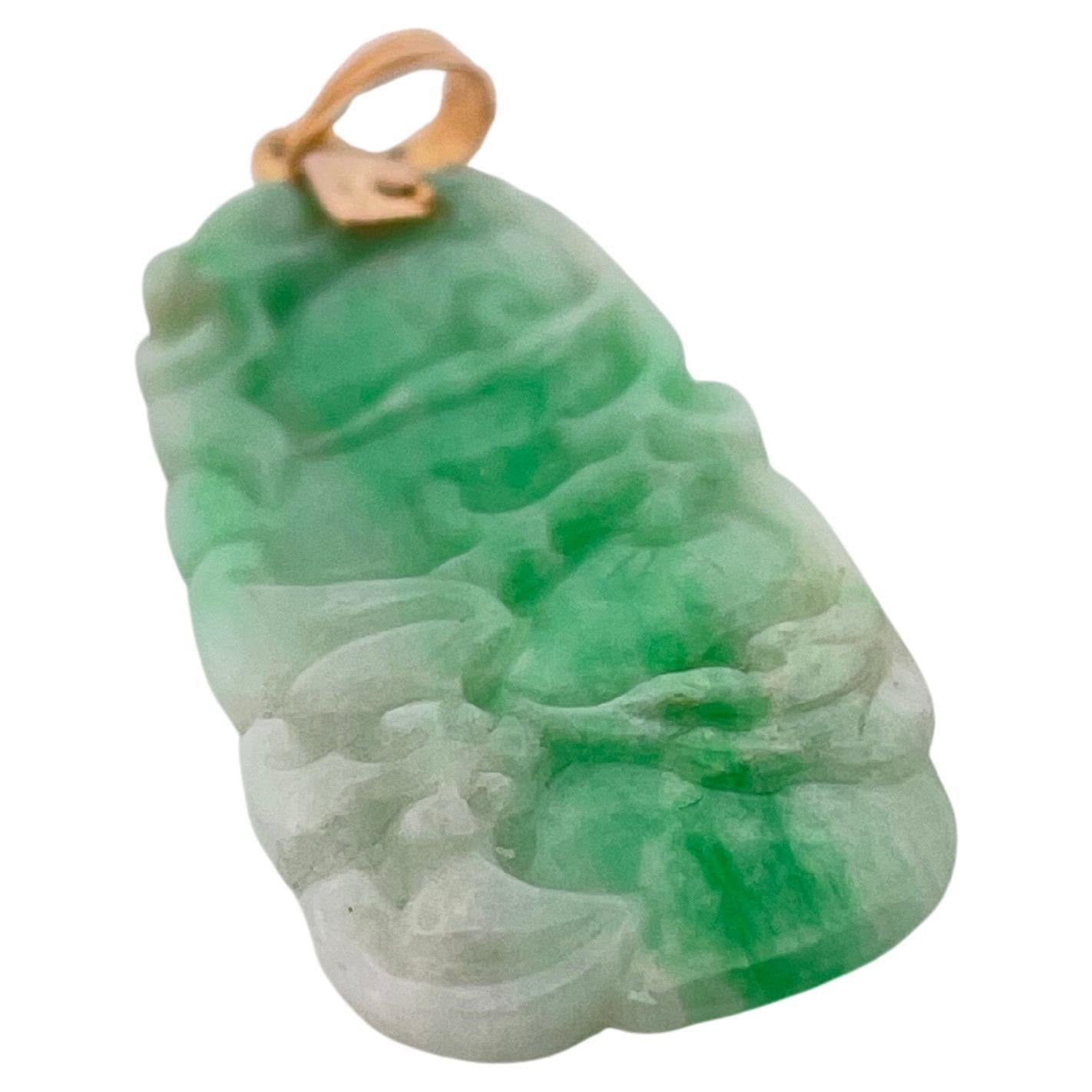 Hand carved Green Jade Pendant with 14K Yellow Gold Bail