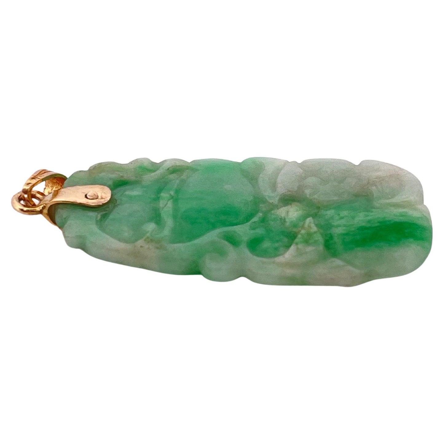 Hand carved Green Jade Pendant with 14K Yellow Gold Bail