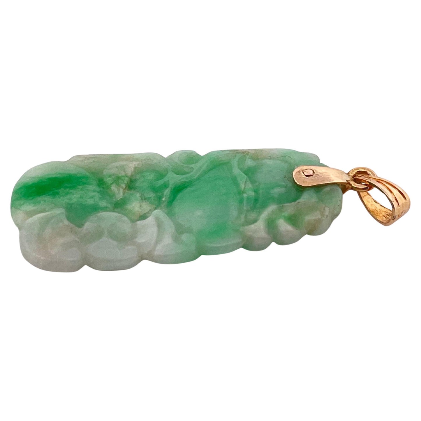 Hand carved Green Jade Pendant with 14K Yellow Gold Bail