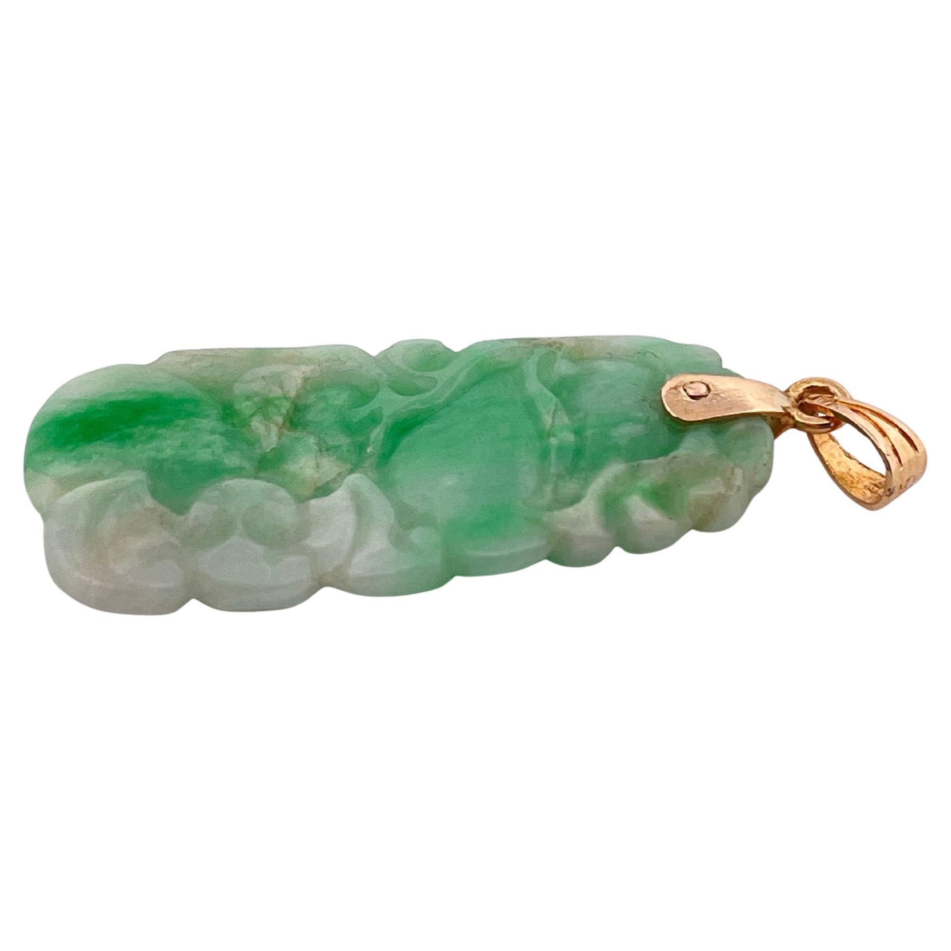 Hand carved Green Jade Pendant with 14K Yellow Gold Bail