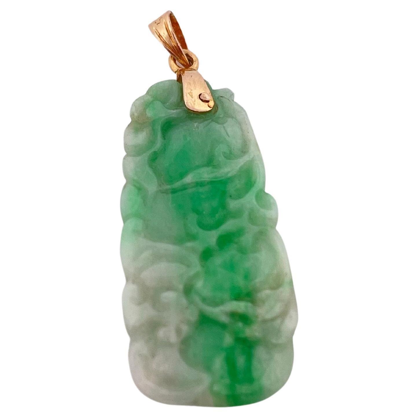 Hand carved Green Jade Pendant with 14K Yellow Gold Bail