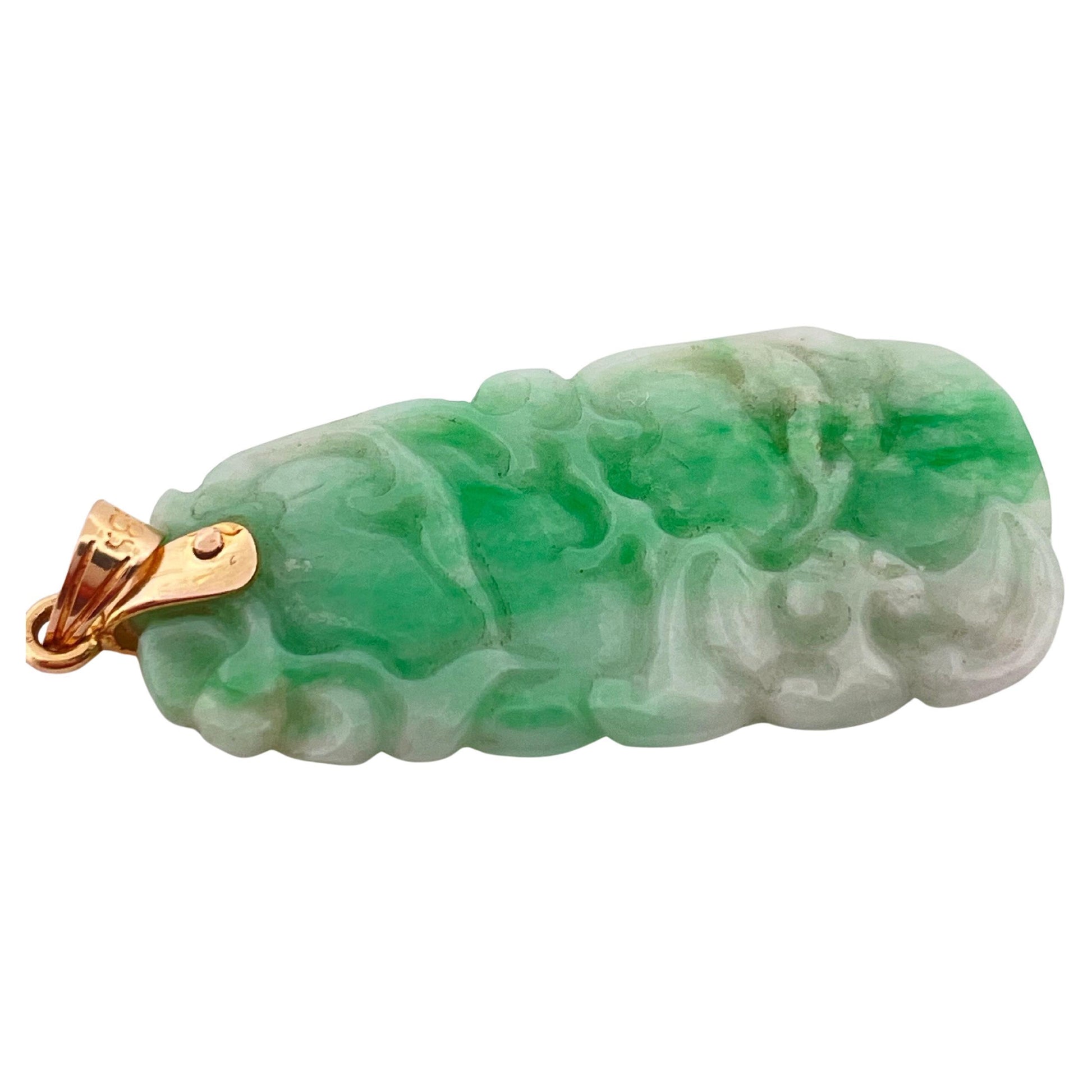 Hand carved Green Jade Pendant with 14K Yellow Gold Bail