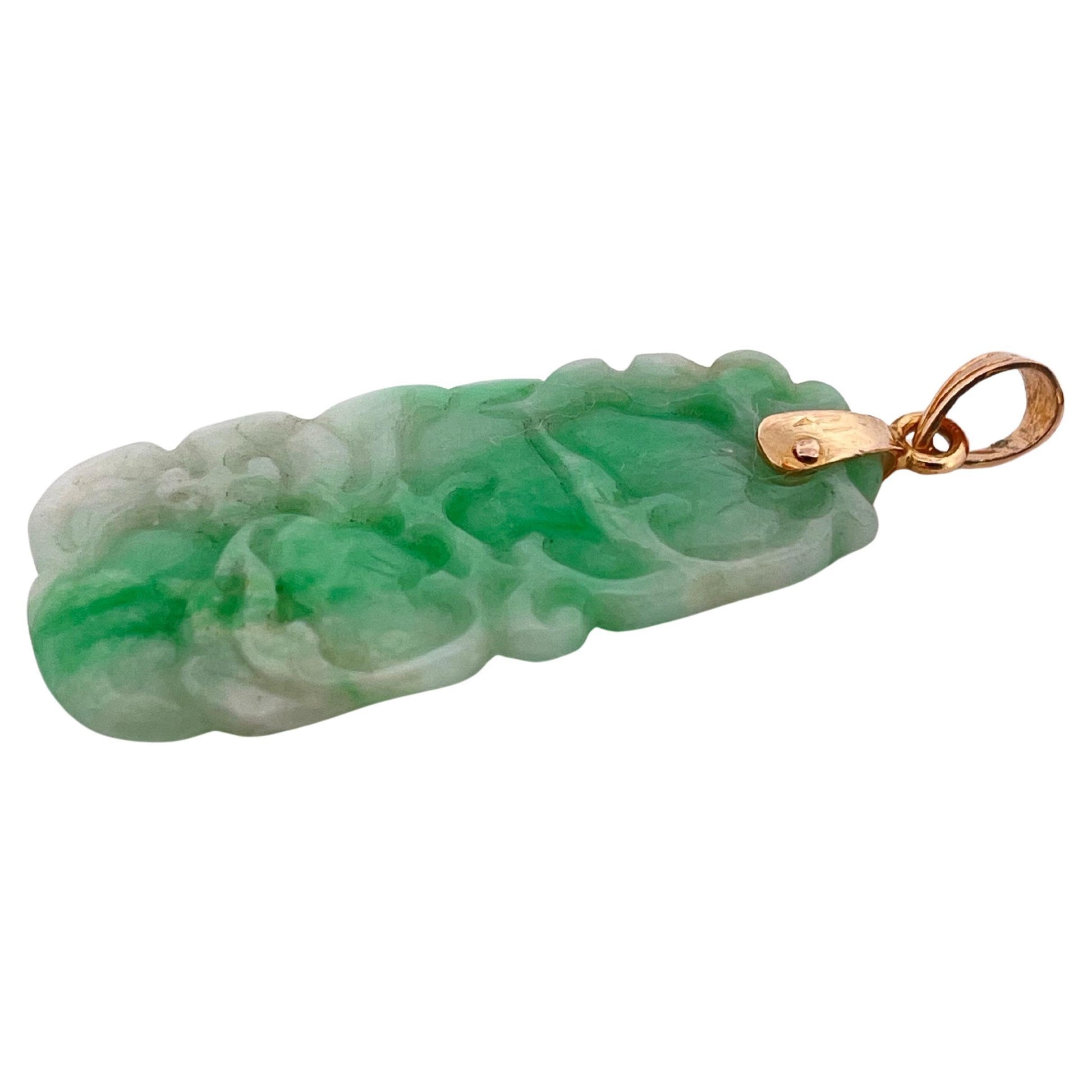 Hand carved Green Jade Pendant with 14K Yellow Gold Bail