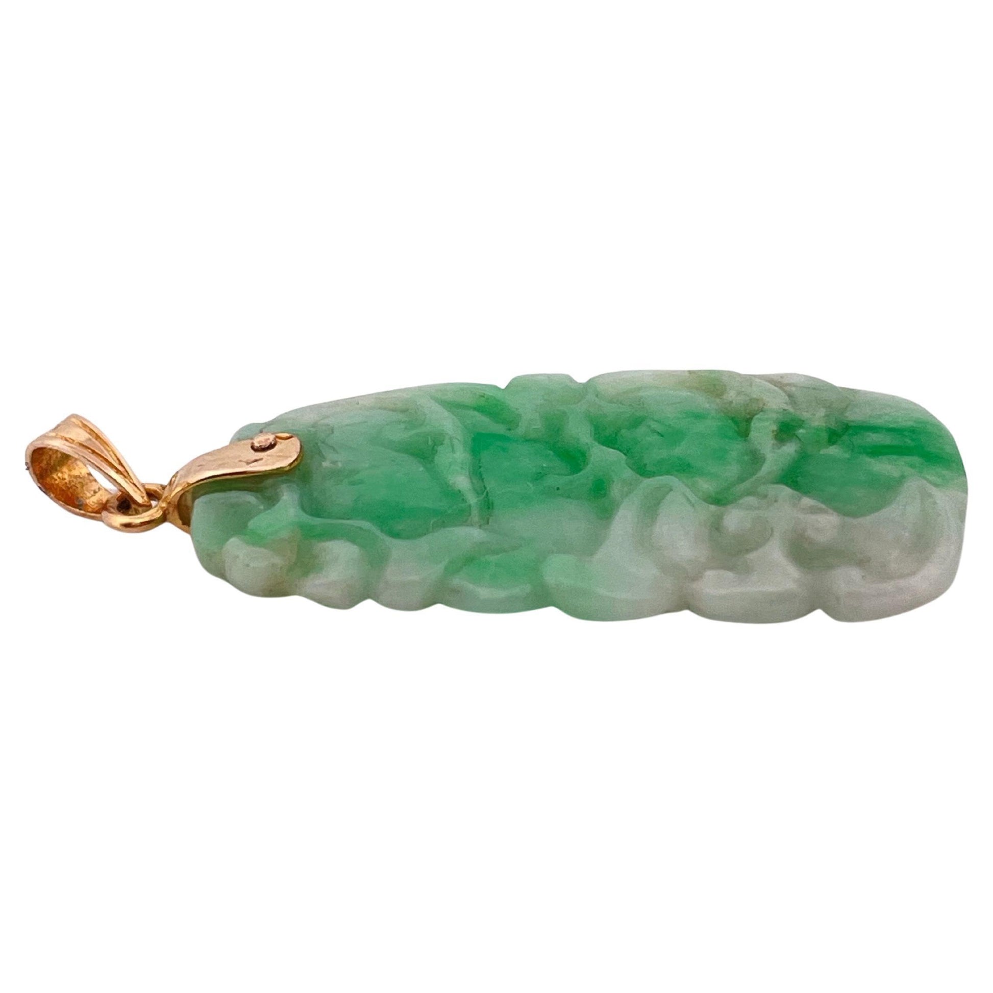Hand carved Green Jade Pendant with 14K Yellow Gold Bail