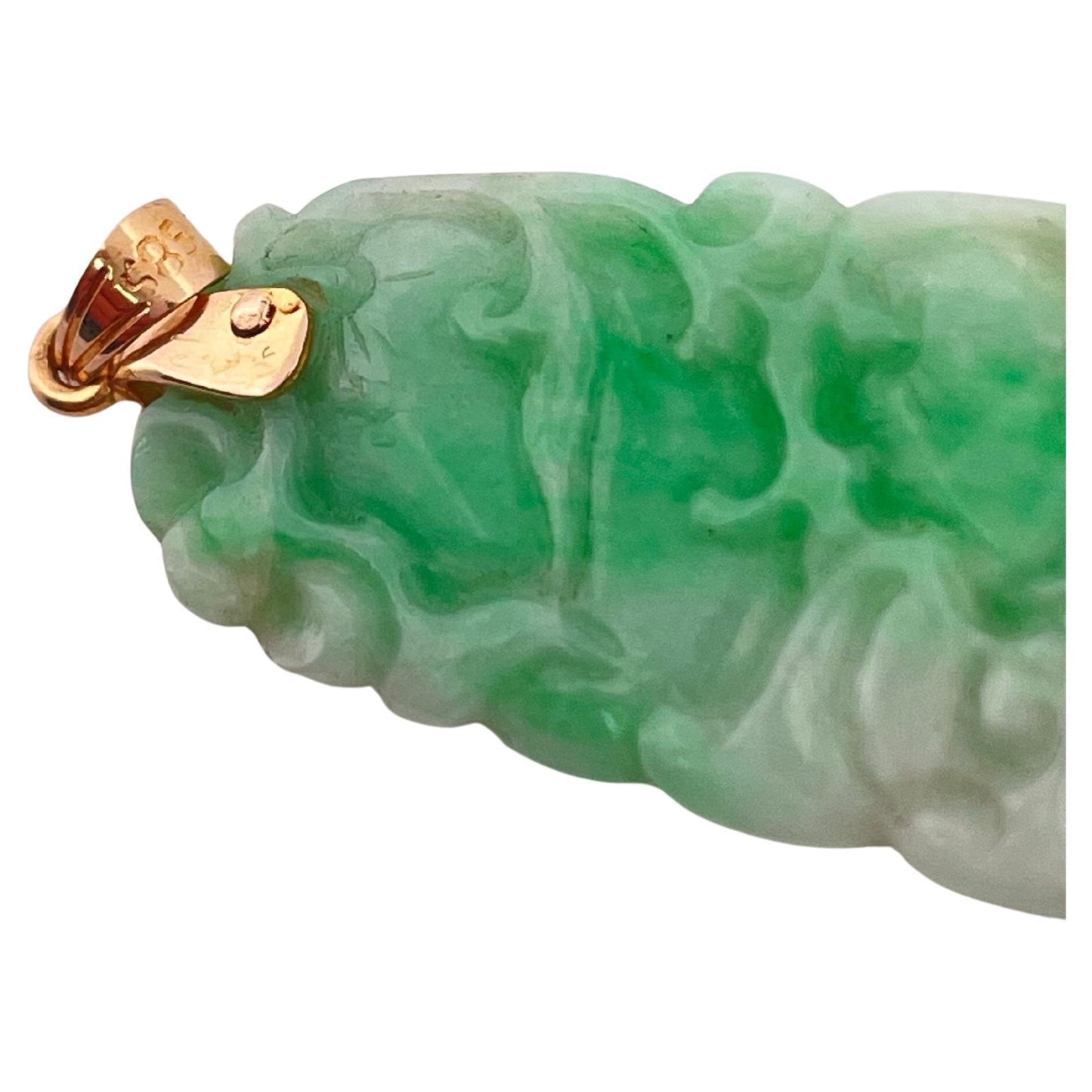 Hand carved Green Jade Pendant with 14K Yellow Gold Bail