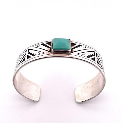 Hopi Bobby Tewa Sterling Silver Blue Turquoise Cuff Bracelet Large