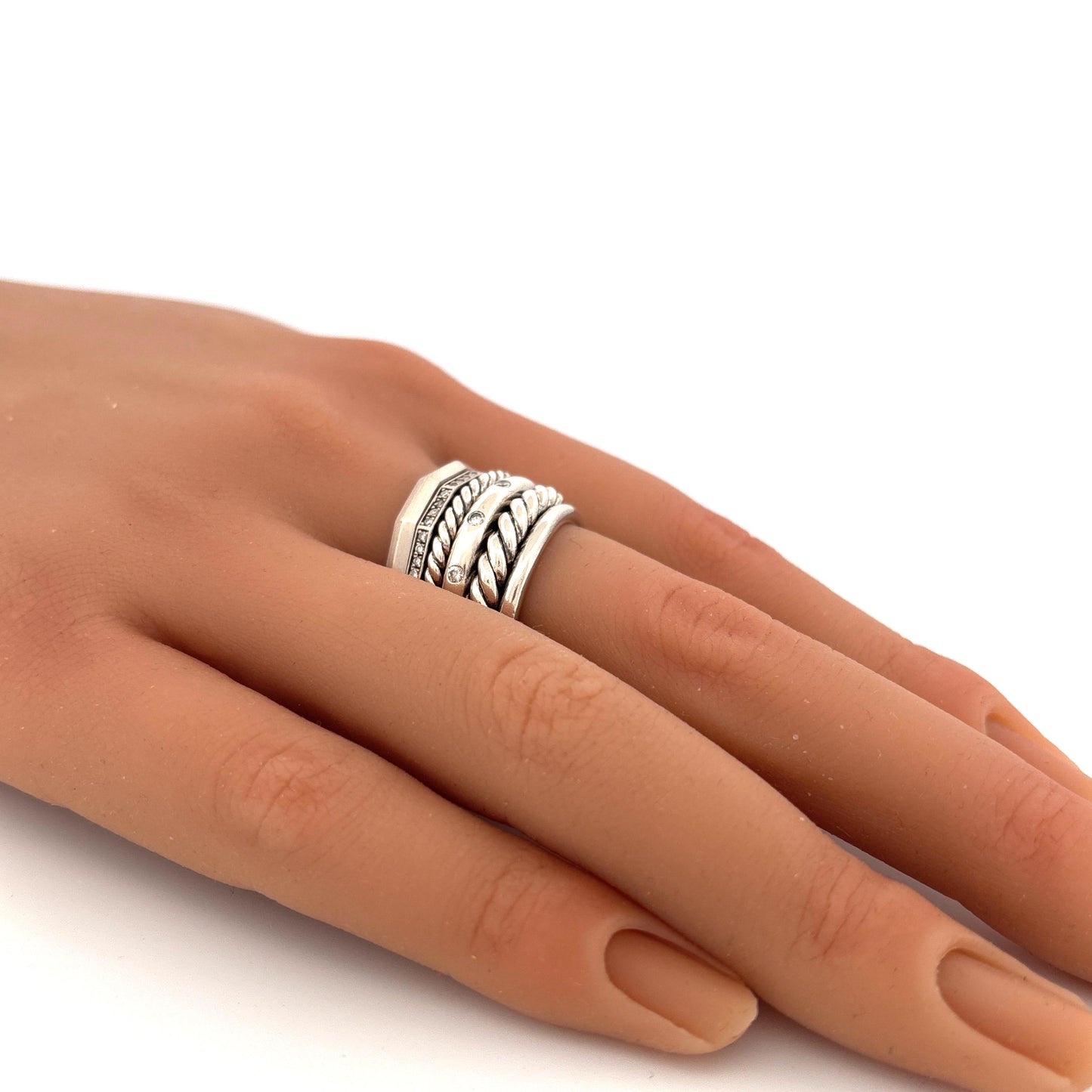 STAX SIX ROW RING Sterling Silver with Diamonds, 16mm