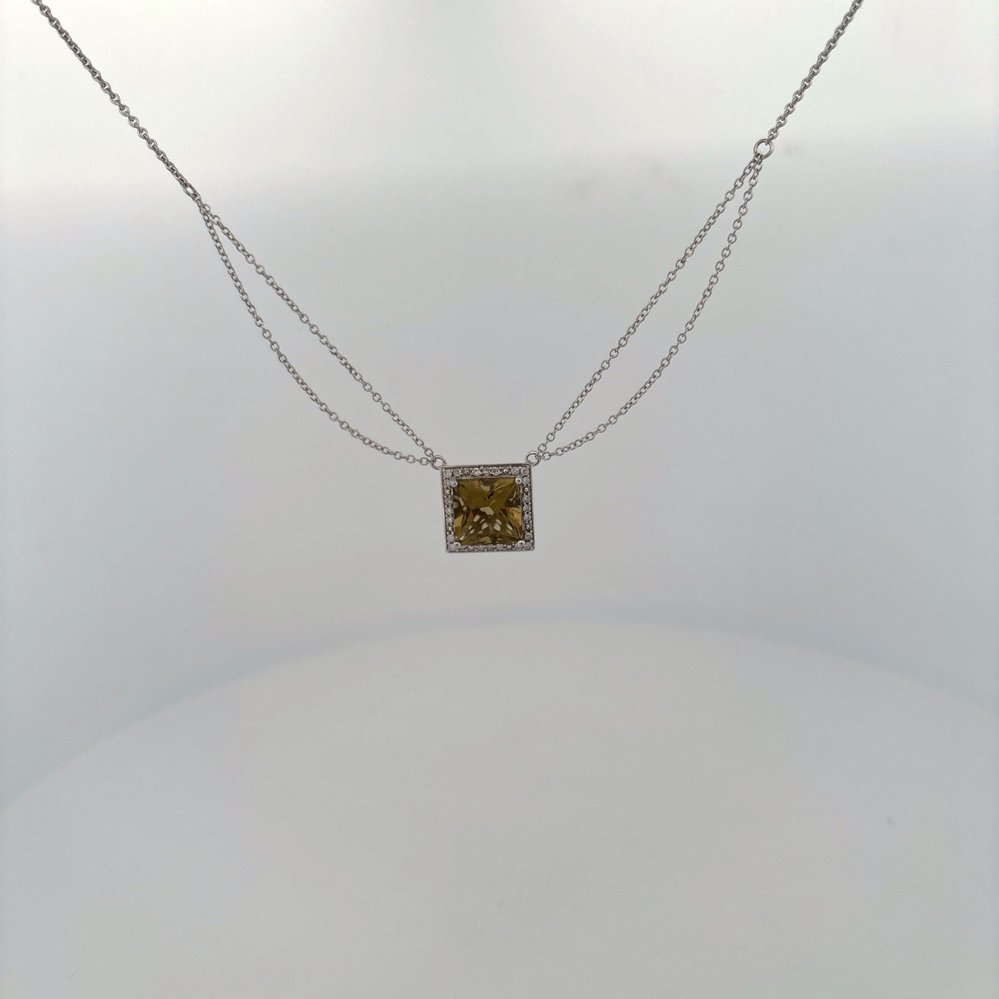 14K White Gold Peridot and Diamond Square Necklace White Gold
