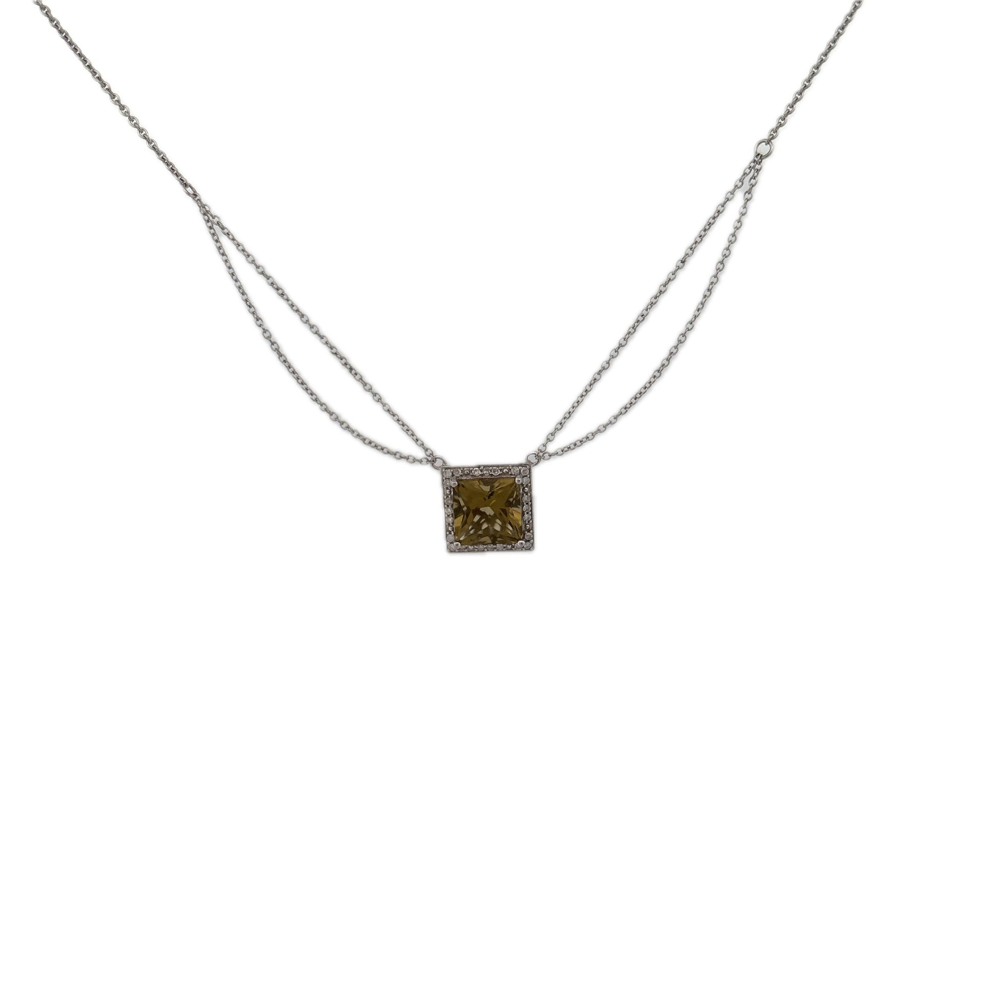 14K White Gold Peridot and Diamond Square Necklace White Gold