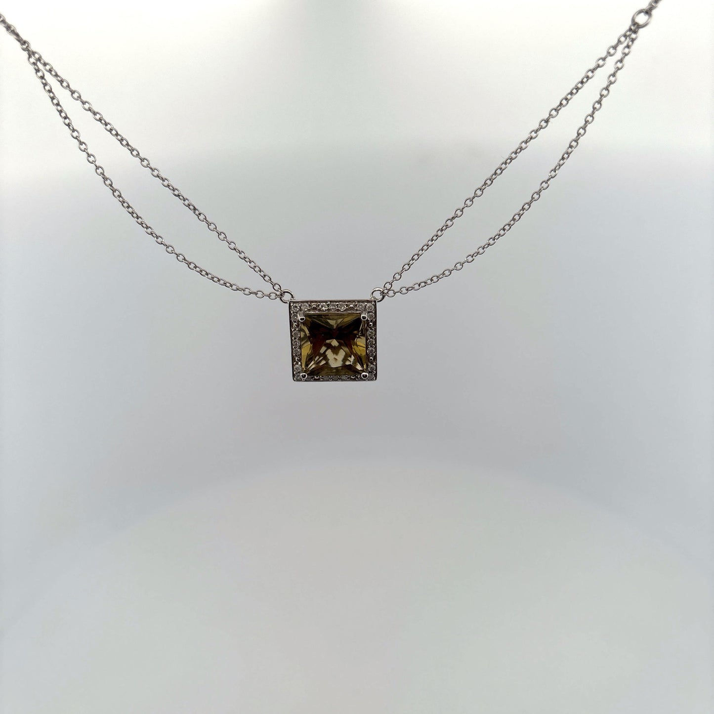 14K White Gold Peridot and Diamond Square Necklace White Gold
