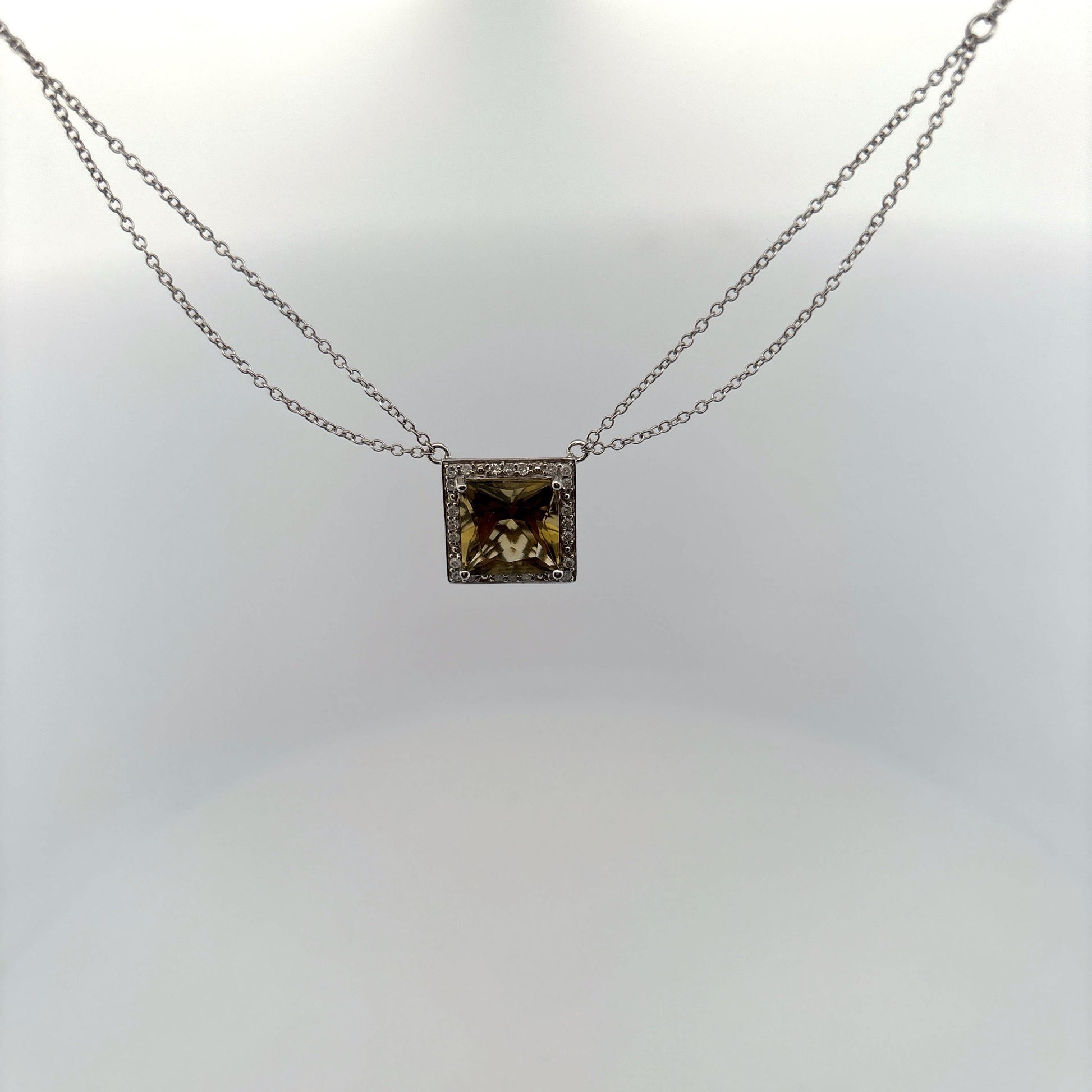 14K White Gold Peridot and Diamond Square Necklace White Gold