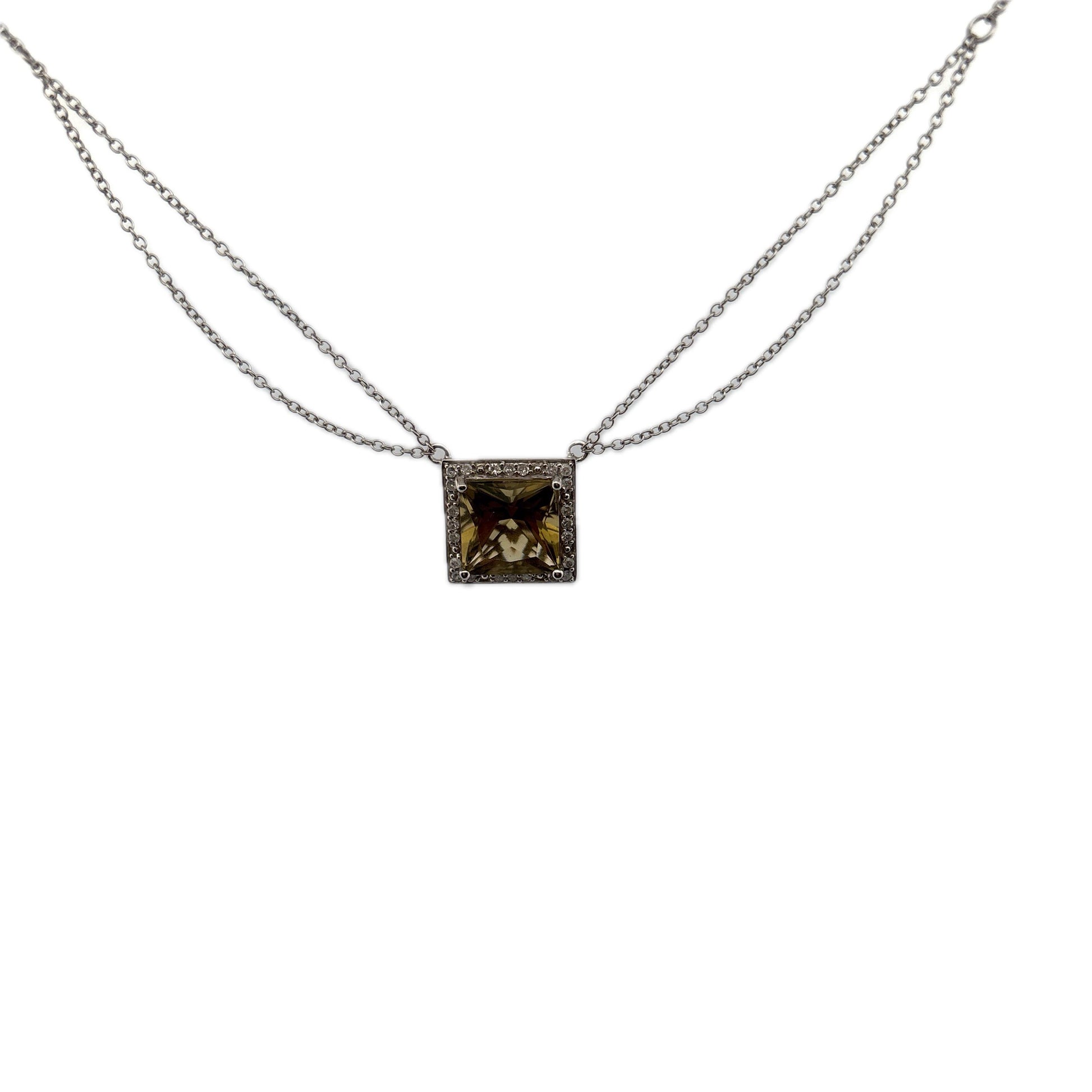 14K White Gold Peridot and Diamond Square Necklace White Gold