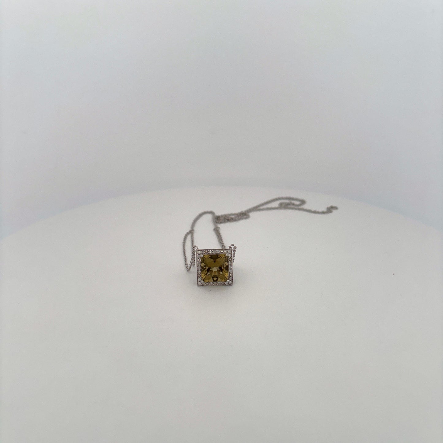 14K White Gold Peridot and Diamond Square Necklace White Gold