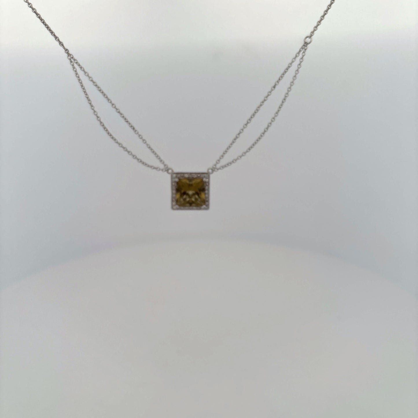 14K White Gold Peridot and Diamond Square Necklace White Gold