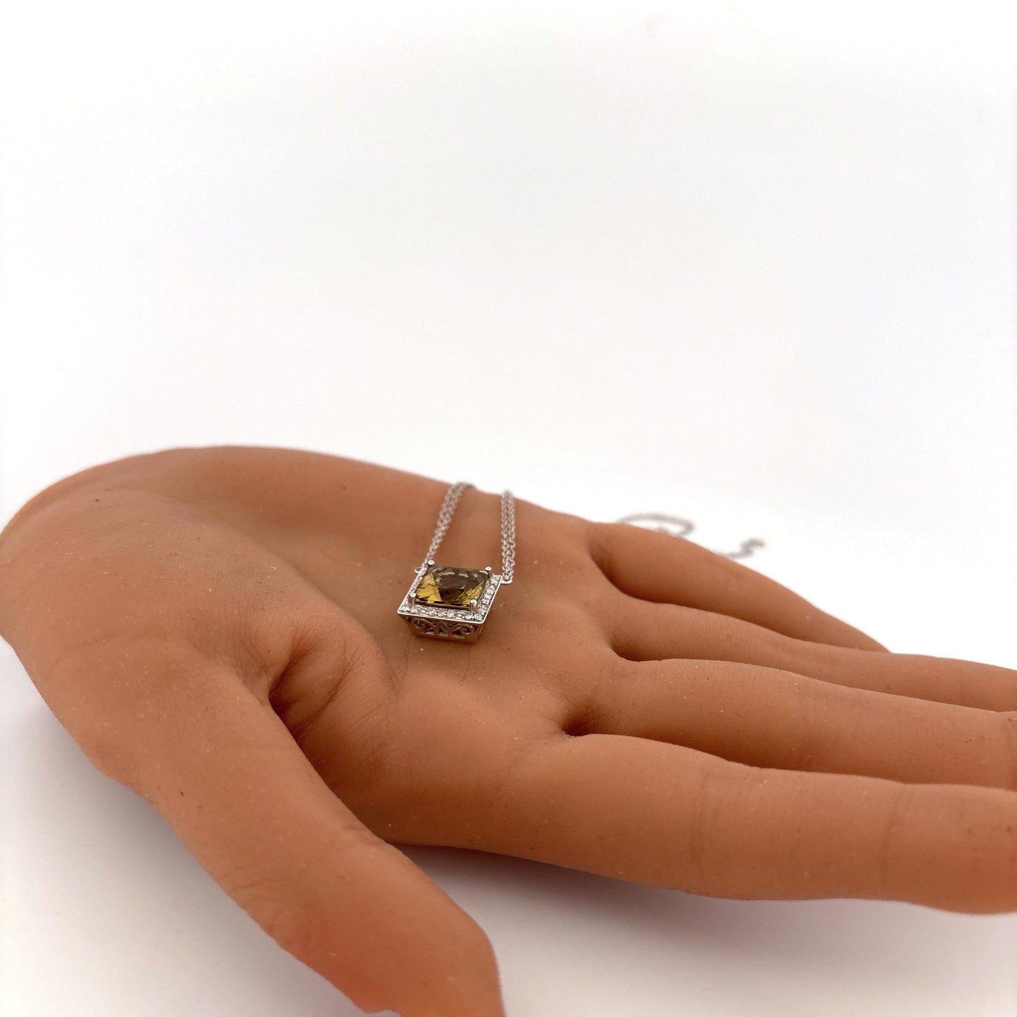 14K White Gold Peridot and Diamond Square Necklace White Gold
