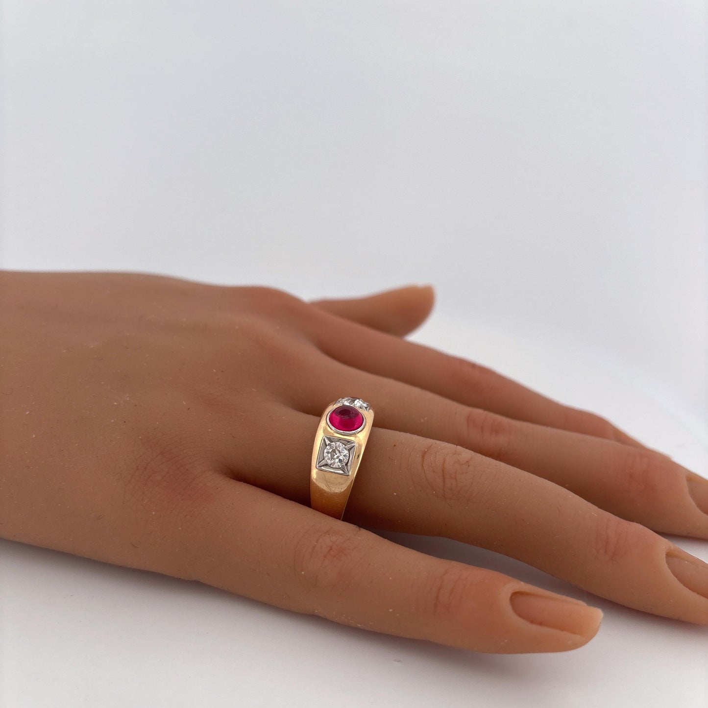 14K Yellow Gold Thick Diamond and Ruby Ring